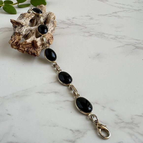 Gold Plated Sterling Silver Bracelet with Black Onyx Cabochons – Link Bracelet - Picture 2 of 5